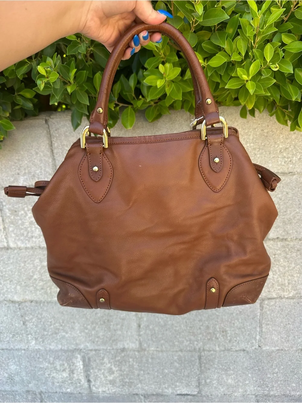 Vintage Ralph Lauren LXVII Brown Leather Tote SATCHEL COGNAC CREST WORK Bag
